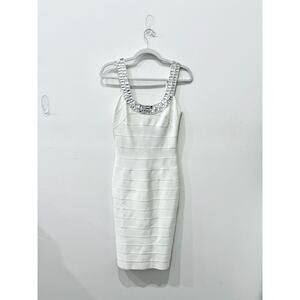 Carmen Marc Valvo Broad Scoop Neck w/ Wide Shoulder Straps Midi Dress White XS